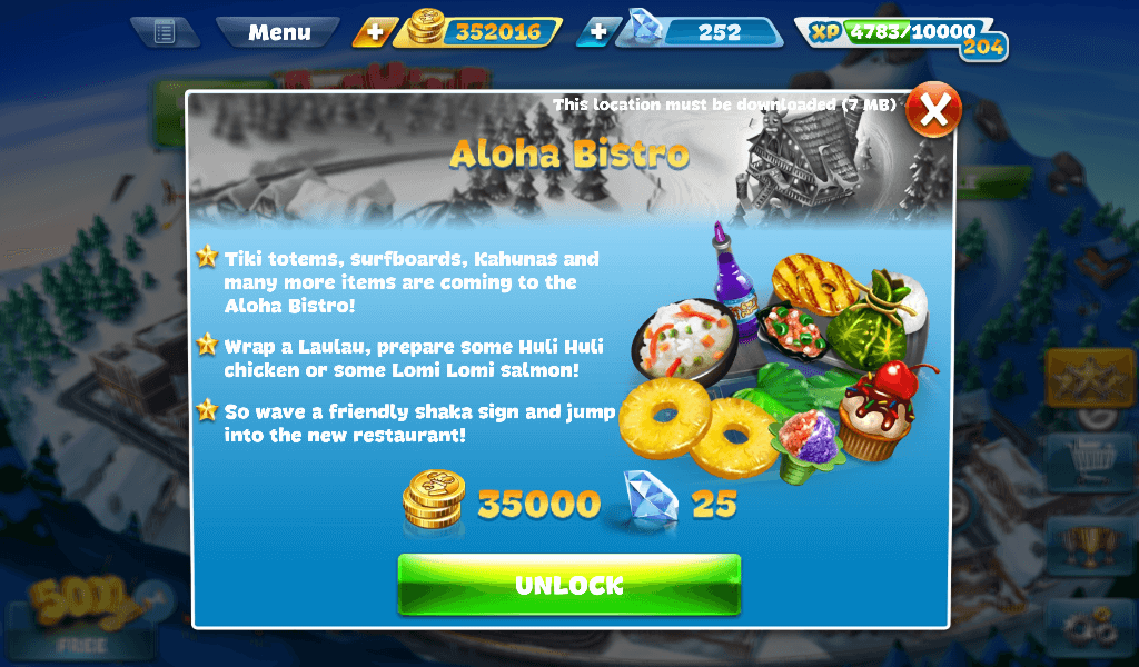 Cooking Fever - Aloha Bistro Purchase Screen