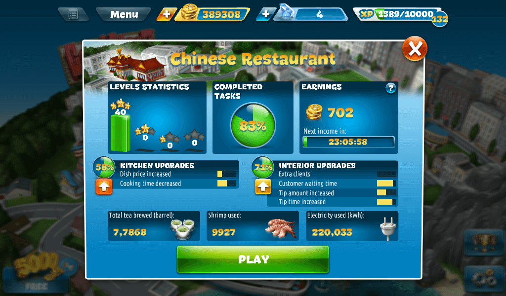Cooking Fever - Chinese Restaurant Status Screen