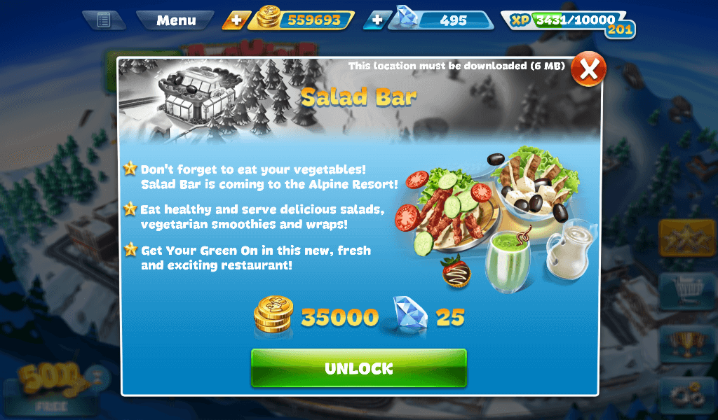 Cooking Fever - Salad Bar Purchase Screen