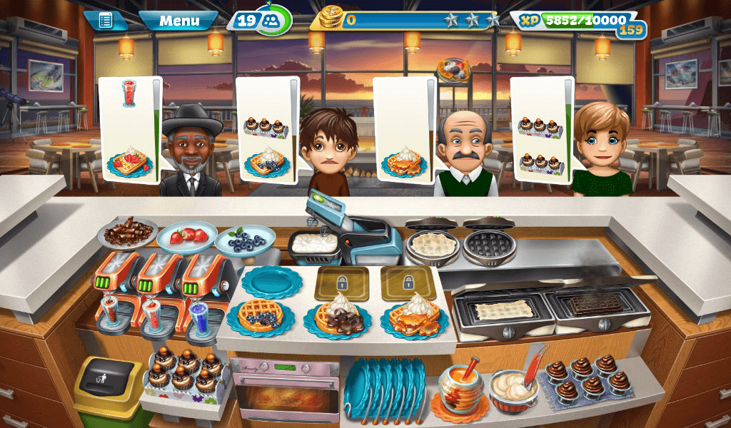 what level in sunset waffles in cooking fever to get 8 shakes in 5 seconds