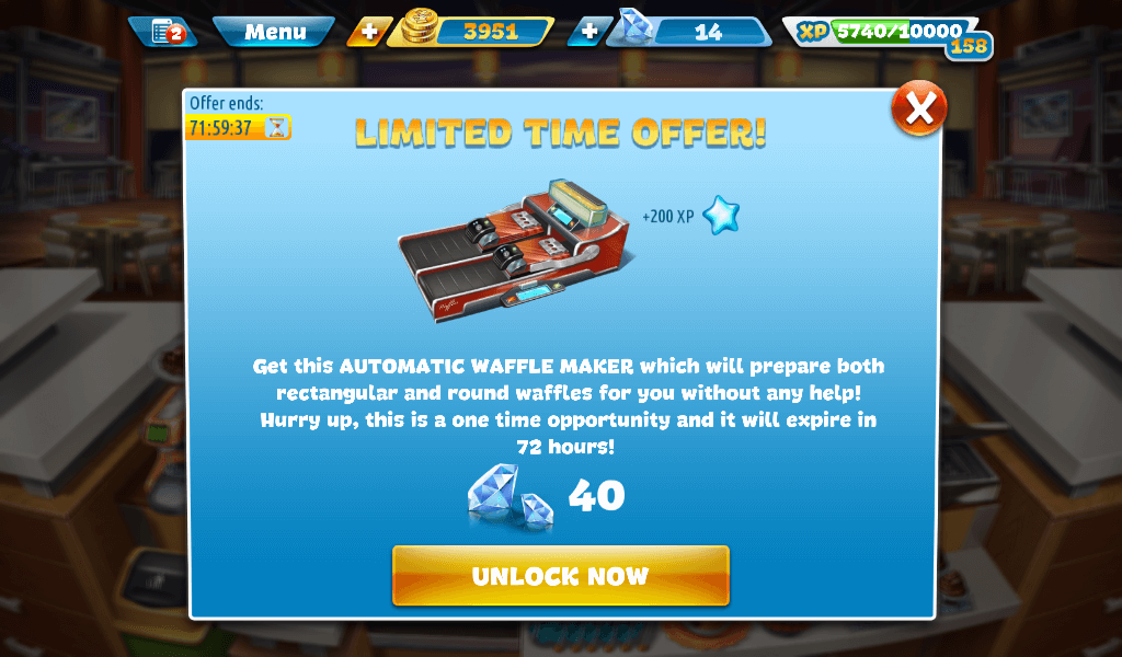 how many gems does the automatic waffle maker cost in cooking fever ice cream bar